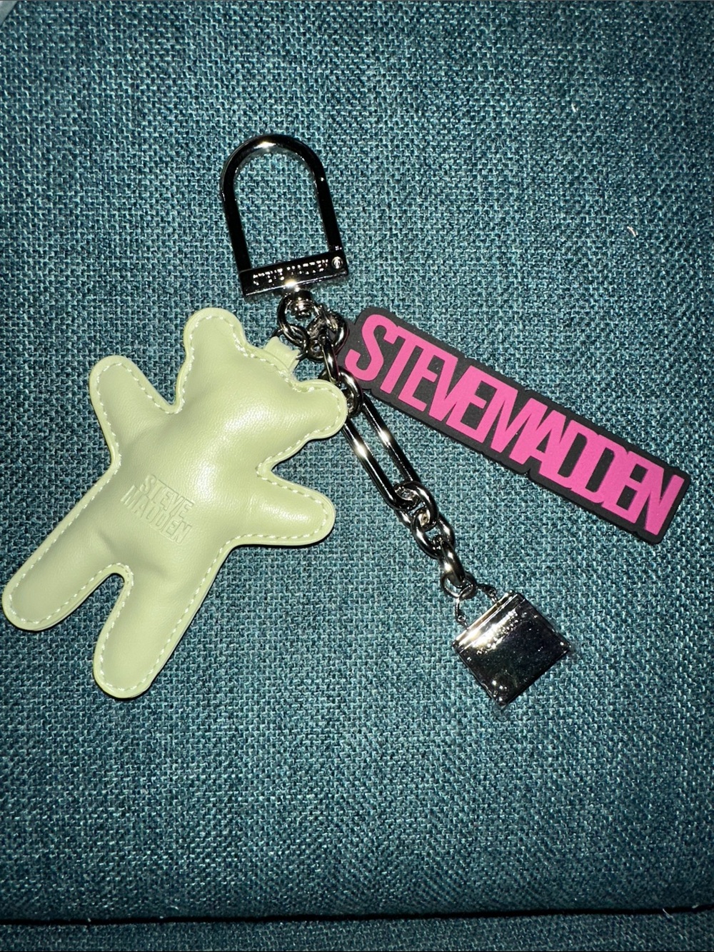 Steve Madden Lime Bear Keychain with Pink Logo Tag